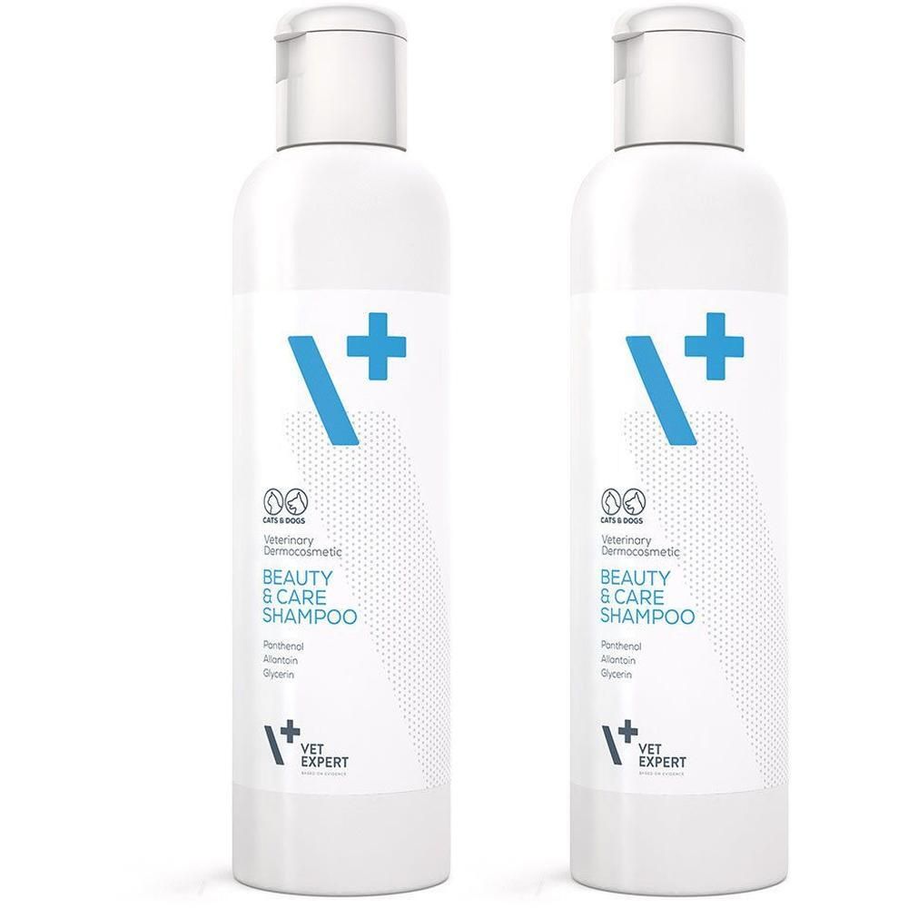Zwei weiße Flaschen mit blauem Logo und Text. Aufschrift: Beauty & Care Shampoo. Marke: VET EXPERT.