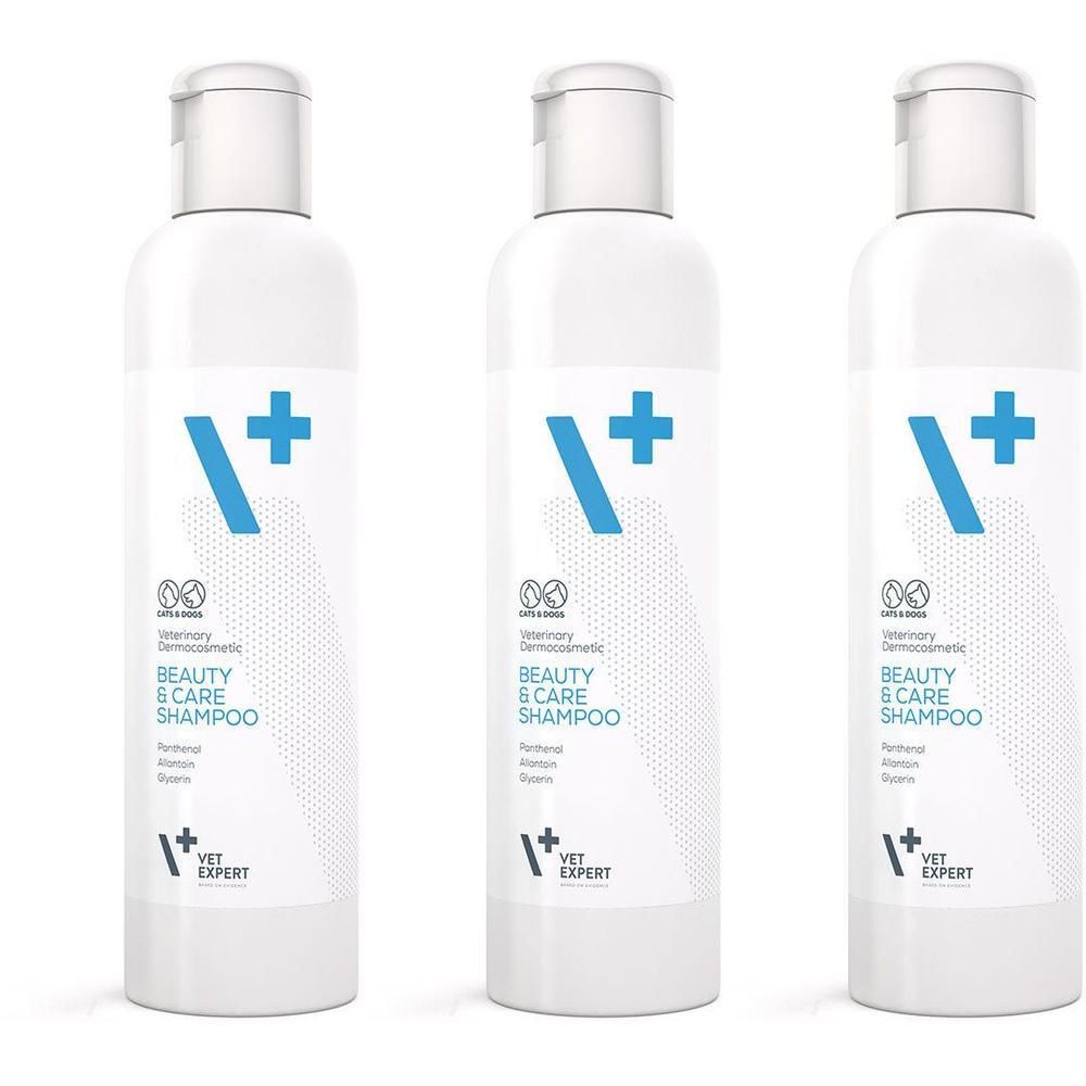 Drei weiße Flaschen mit blauem Logo und Text. Aufschrift: Beauty & Care Shampoo. Marke: VET EXPERT.