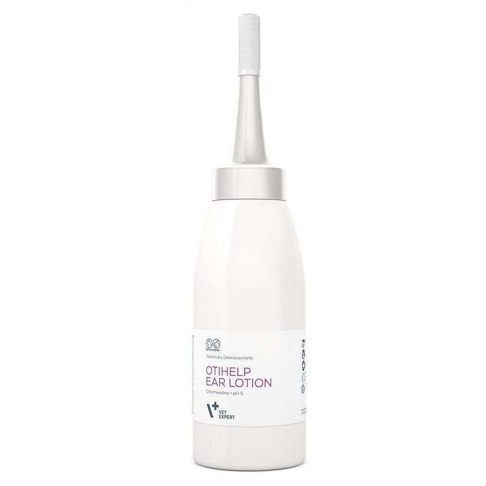 Eine Flasche VETEXPERT Otihelp Ohrlotion. Weiße Flasche mit Applikator. Aufschrift: Otihelp Ear Lotion.
