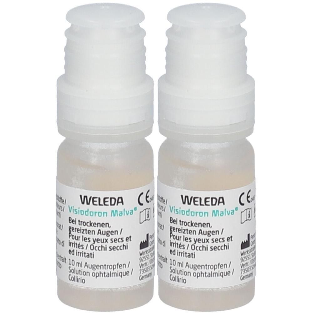 Zwei kleine Fläschchen mit weißem Verschluss. Aufschrift: WELEDA Visiodoron Malva. Text in Deutsch, Französisch, Italienisch.