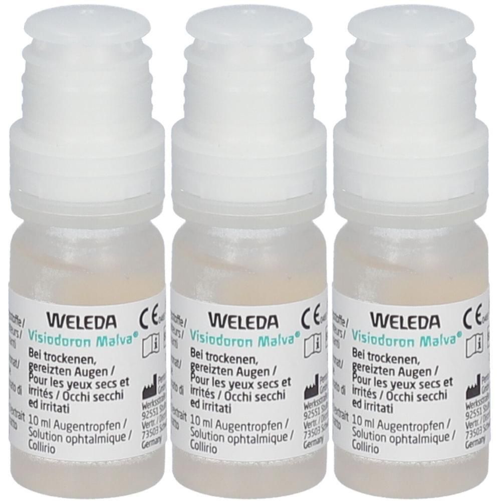 Drei kleine Flaschen mit weißem Verschluss. Aufschrift: Visiodoron Malva, 10 ml Augentropfen. Marke: WELEDA.