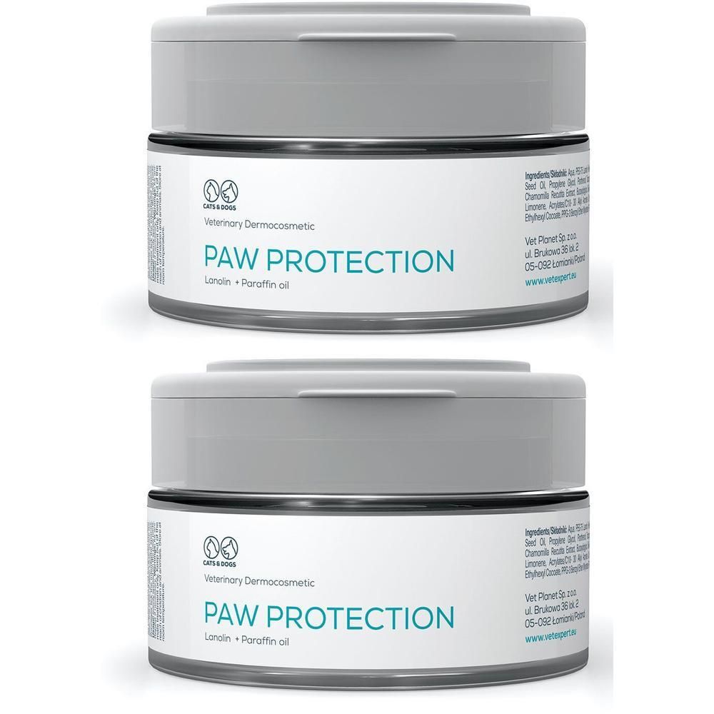 Zwei Dosen VETEXPERT Paw Protection. Graue Deckel, weiße Etiketten mit blauer Schrift. Produktname und Inhaltsstoffe.