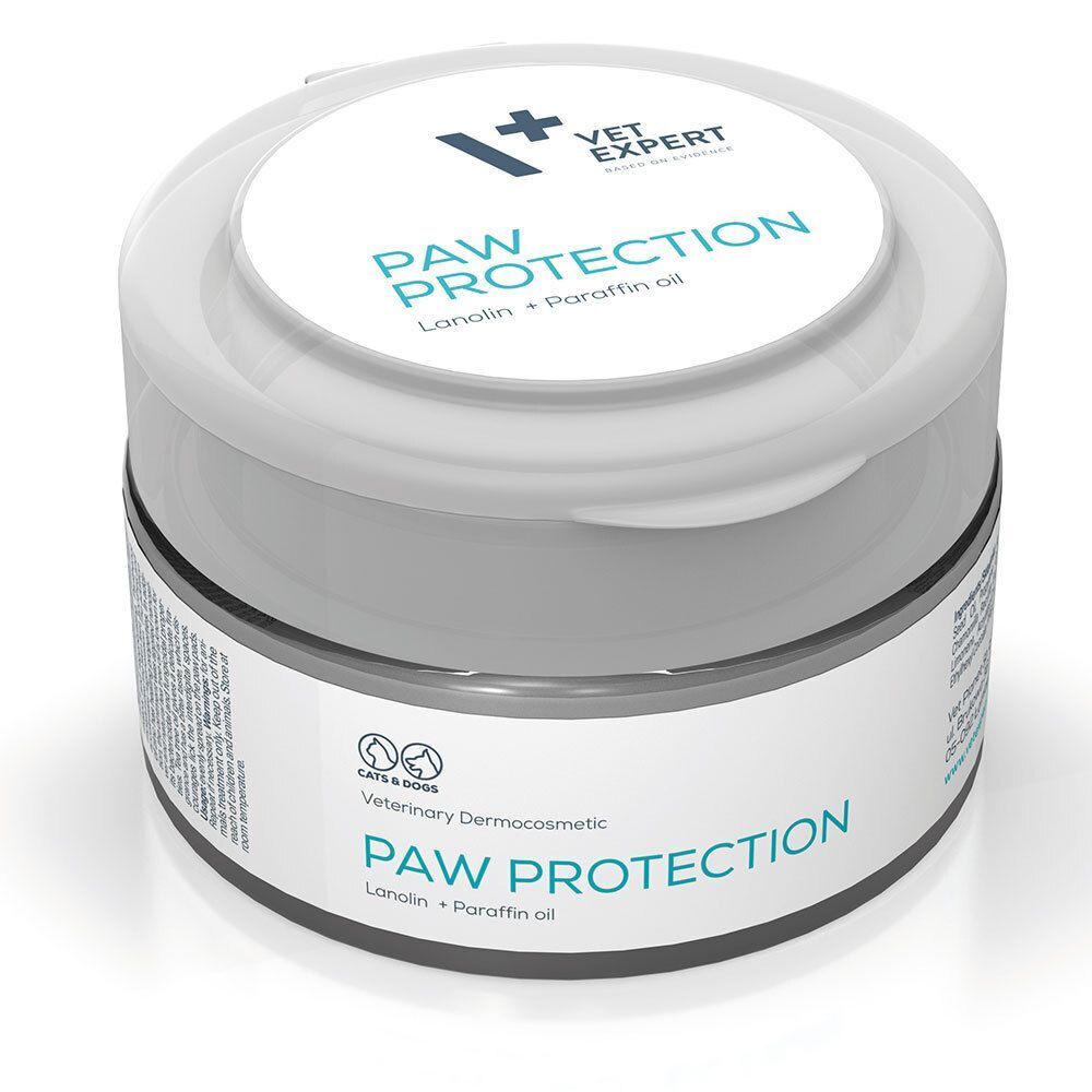 VETEXPERT Paw Protection Dose. Grauer Deckel, weißes Etikett mit blauer Schrift. Produktname und Inhaltsstoffe.