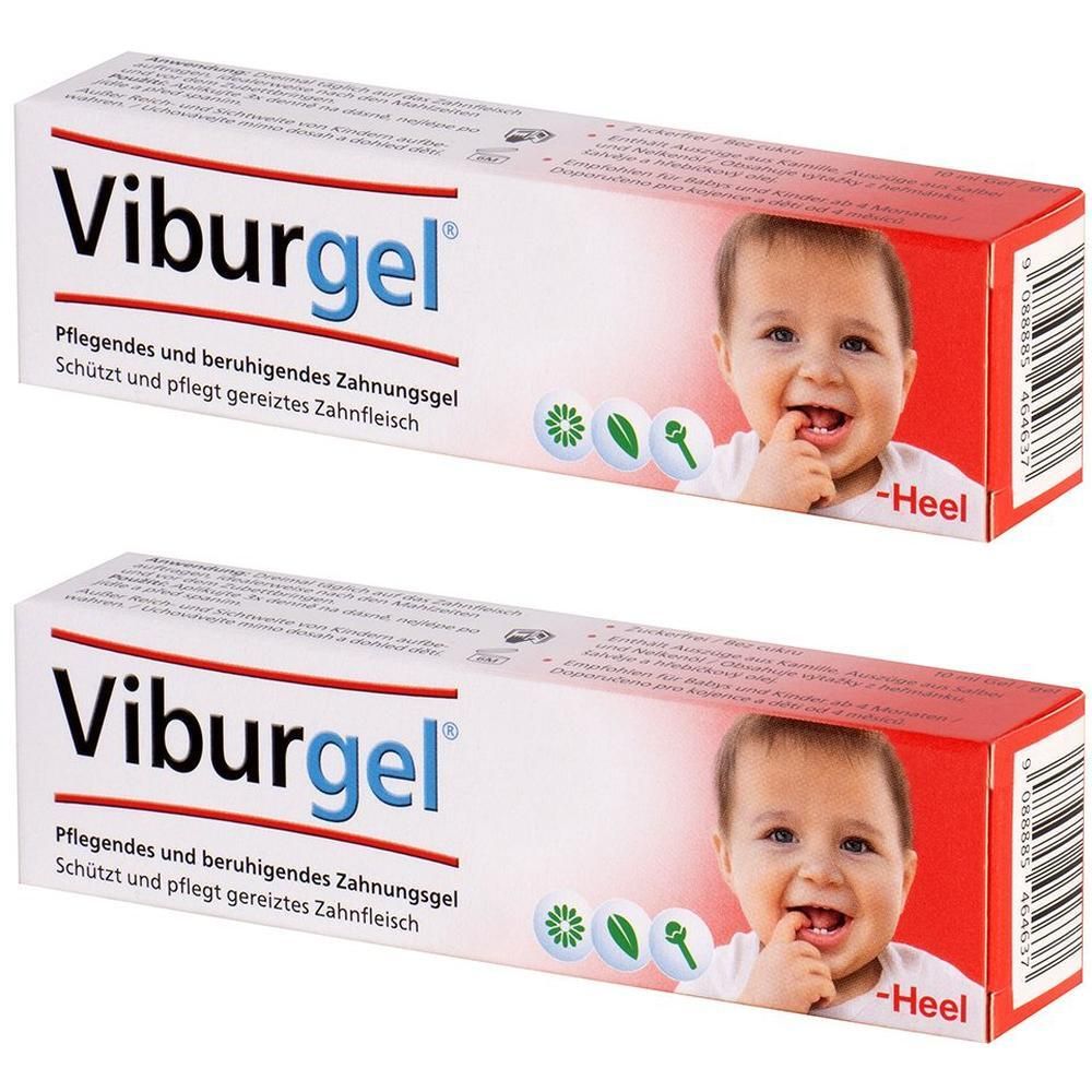 Zwei Tuben Viburgel. Aufschrift: Pflegendes und beruhigendes Zahnungsgel. Abbildung eines lächelnden Babys. Marke: Heel.