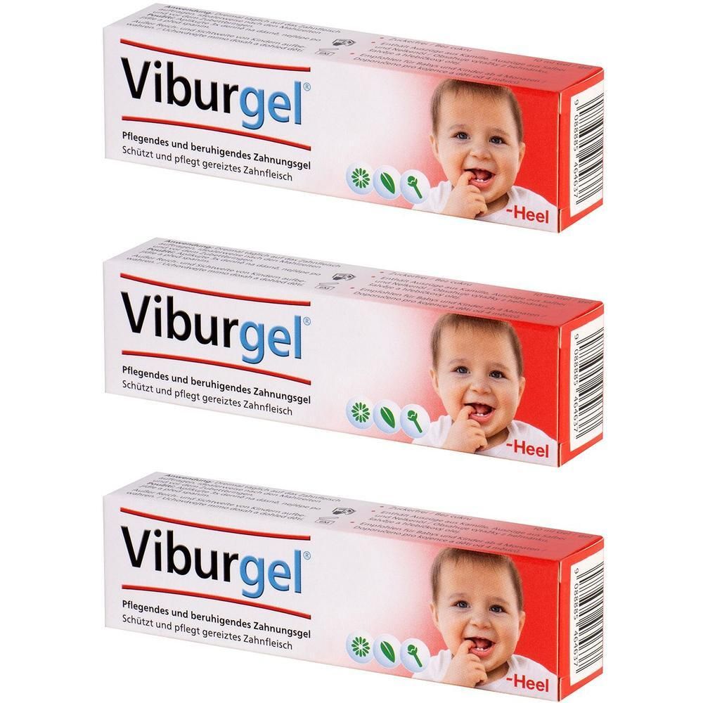 Drei Schachteln Viburgel. Weiße Schachtel mit rotem Deckel. Aufdruck: Viburgel, Baby, Text. Marke Heel.
