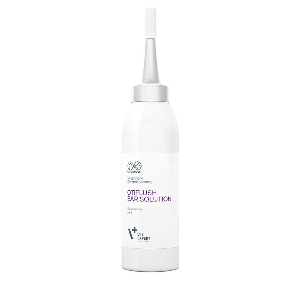Eine Flasche Otiflush Ohrlösung. Weiße Flasche mit Applikator. Aufdruck: Otiflush Ear Solution, VET EXPERT.
