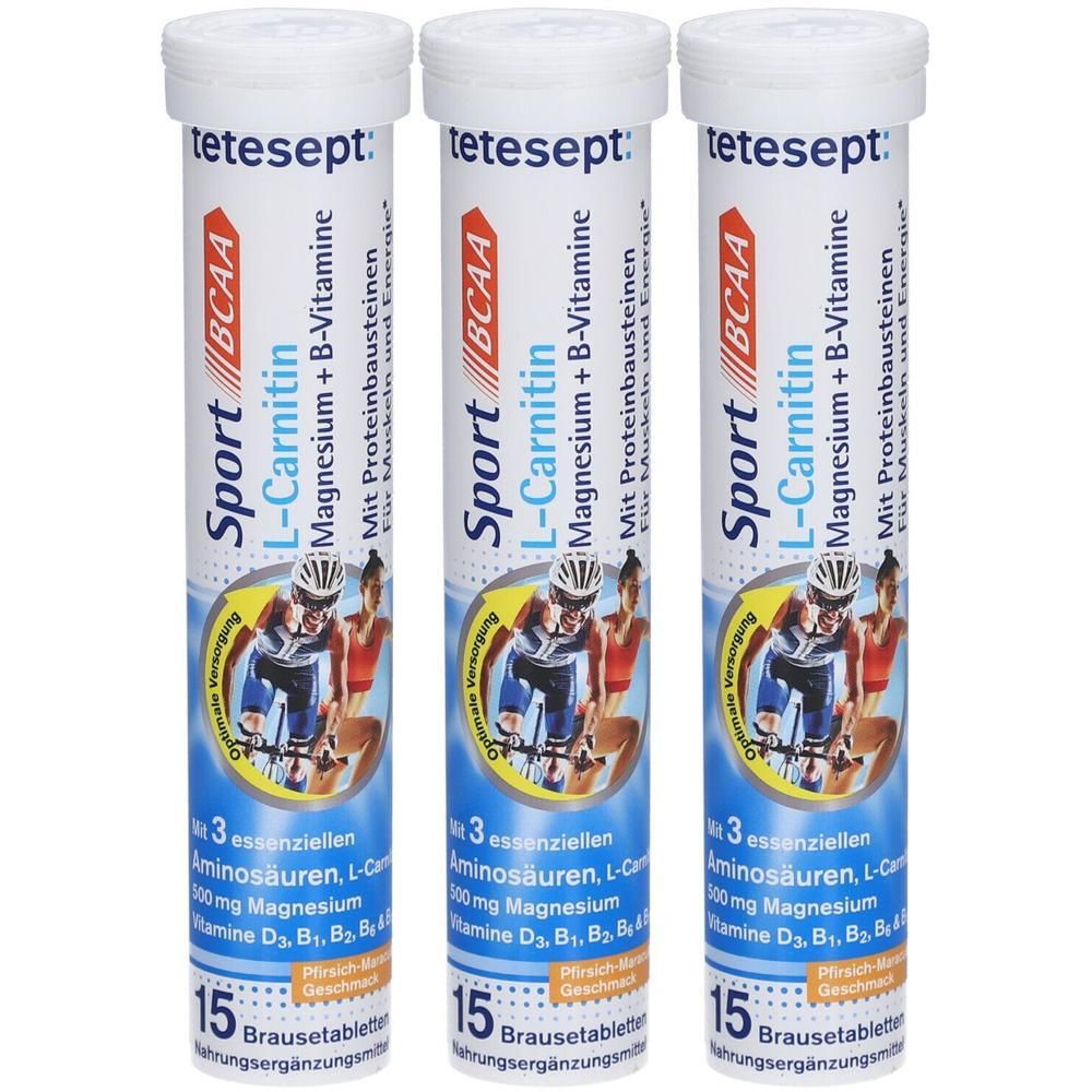 Drei zylindrische Tablettenröhren. Aufschrift: tetesept Sport BCAA L-Carnitin Magnesium + B-Vitamine. 15 Brausetabletten.