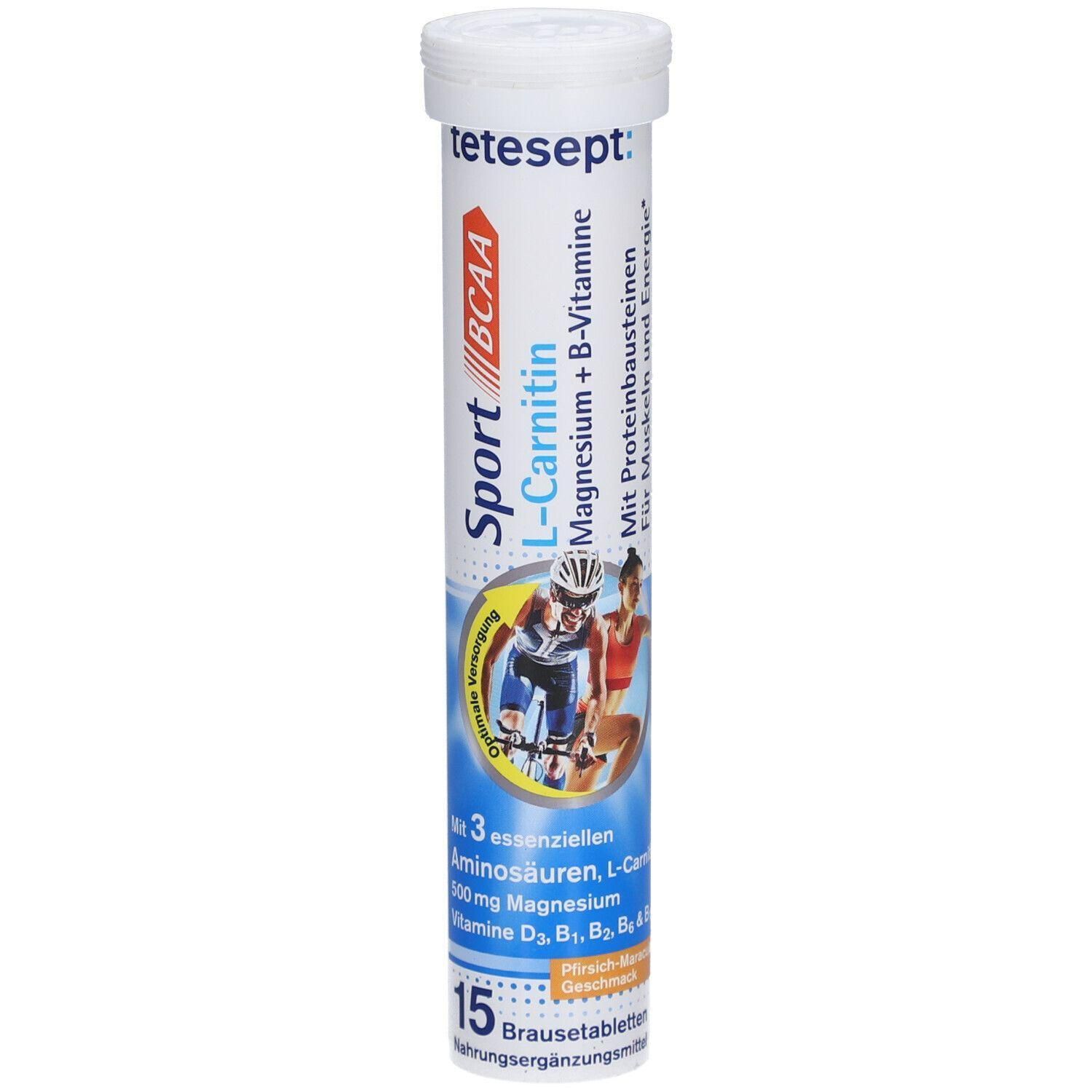 Zylindrische Verpackung mit weißem Deckel. Aufschrift: Sport BCAA L-Carnitin, Magnesium + B-Vitamine. Abbildung von Sportlern. 15 Brausetabletten.