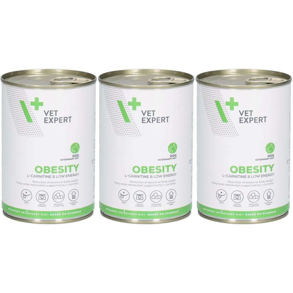 Drei Dosen mit dem Logo von VET EXPERT. Aufschrift OBESITY, L-Carnitin & Low Energy. Grüne und weiße Verpackung.