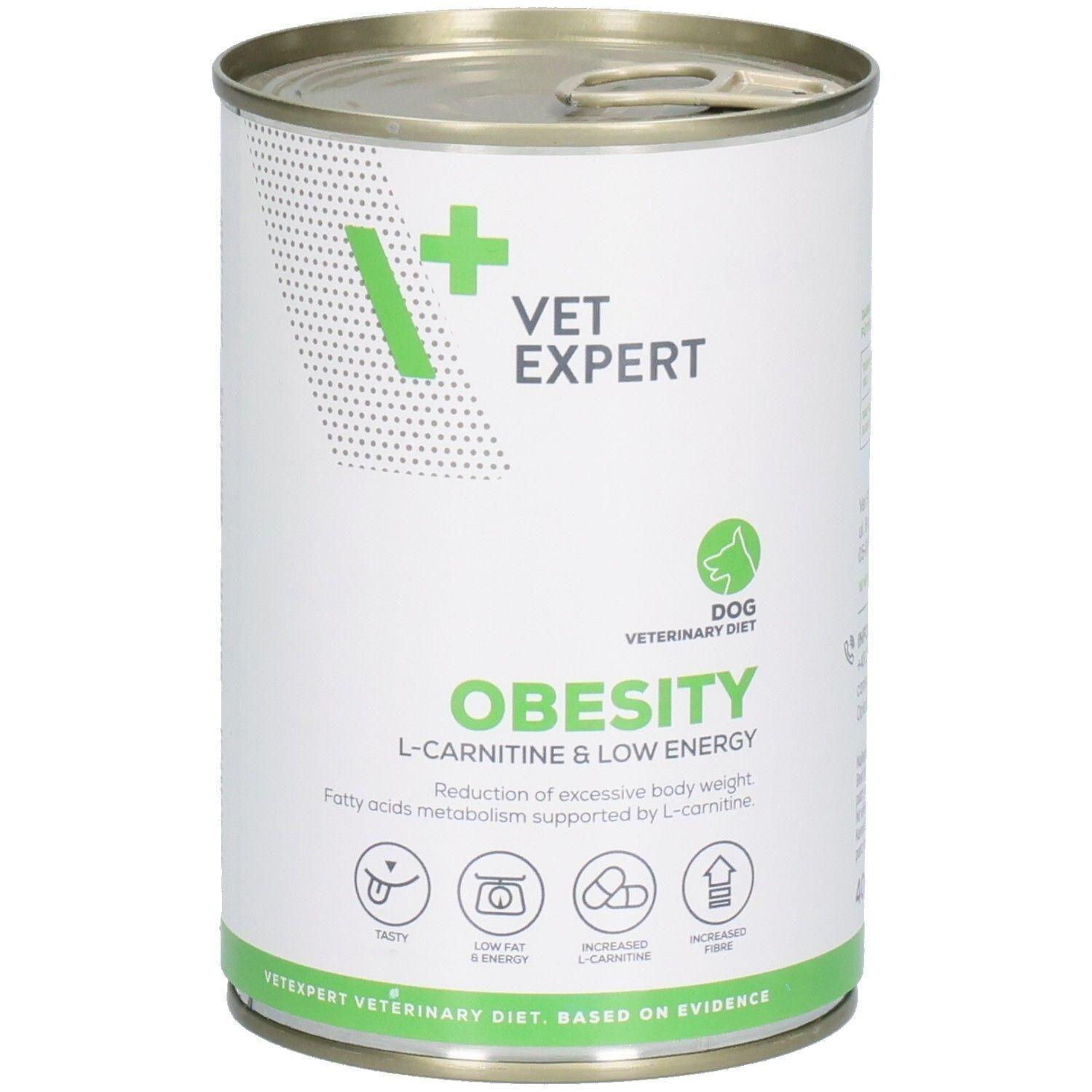 Zylindrische Dose mit Deckel. Aufschrift: VET EXPERT, OBESITY, L-Carnitin & Low Energy. Veterinärdiät für Hunde.
