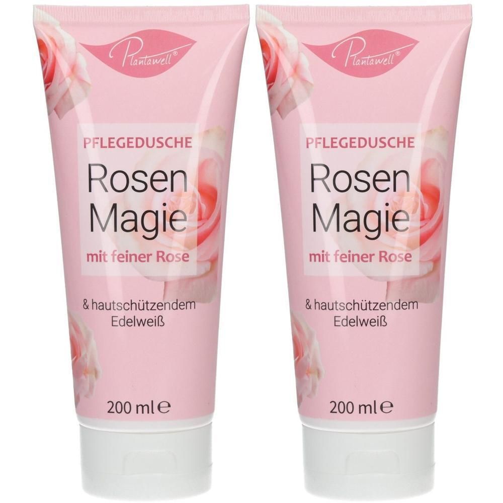 Zwei Tuben PLANTAWELL DU ROSE. Rosa Tuben mit weißem Verschluss. Aufschrift: Rosen Magie, mit feiner Rose, & hautschützendem Edelweiß. 200 ml.