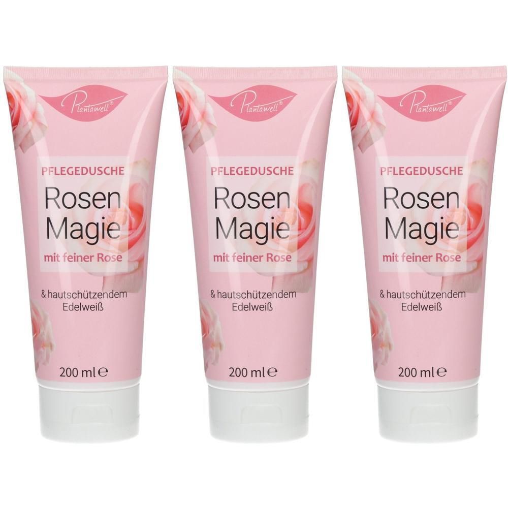 Drei rosa Tuben Pflegedusche Rosen Magie, je 200 ml.