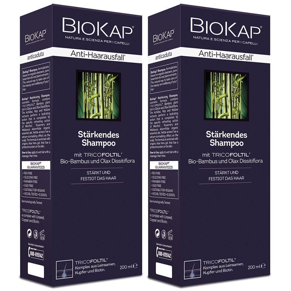 Zwei Packungen BIOKAP Anti-Haarausfall Stärkendes Shampoo mit Bambus und Olax Dissitiflora.