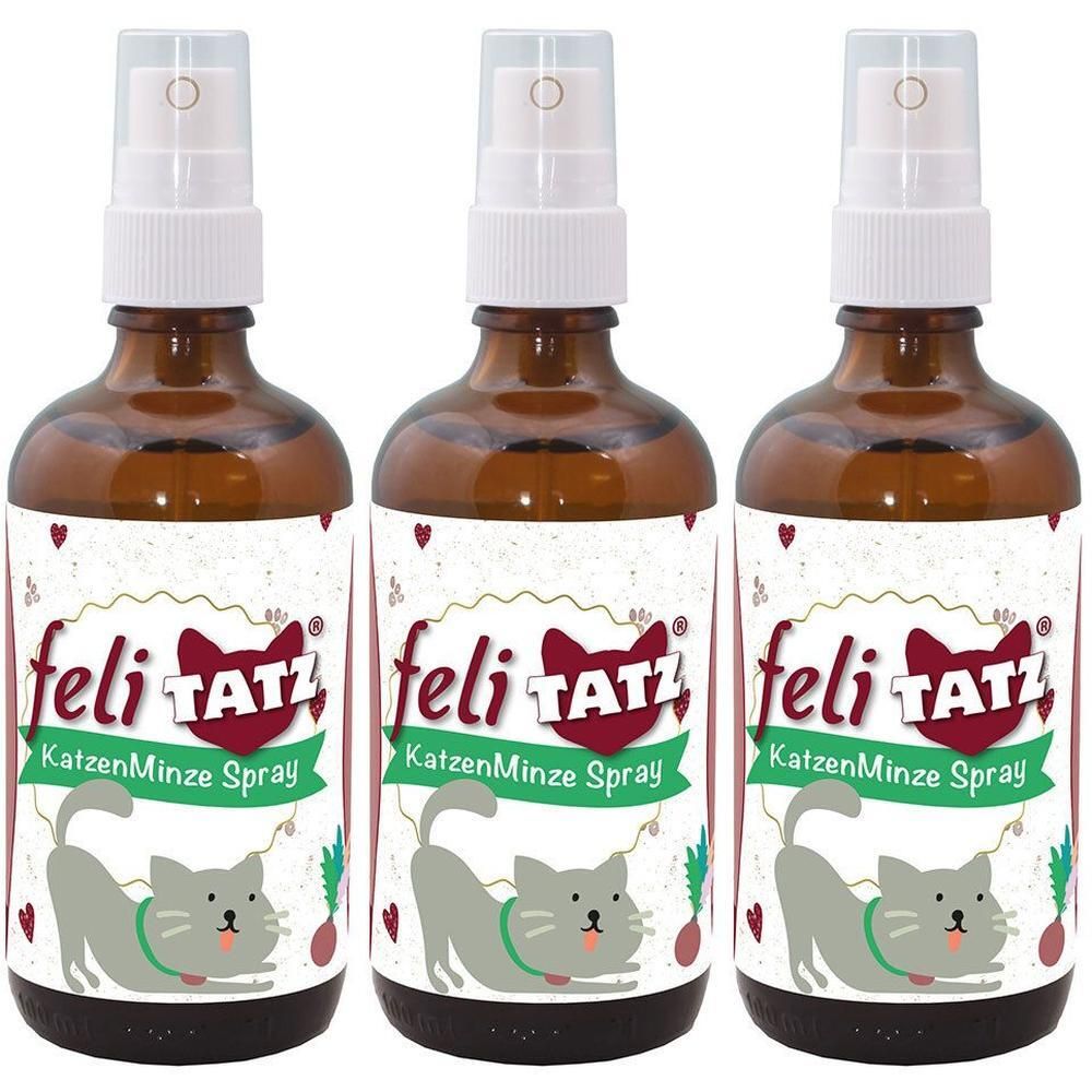 Drei braune Flaschen mit Sprühkopf. Auf den Etiketten steht "feli TATZ KatzenMinze Spray" und eine Katze.