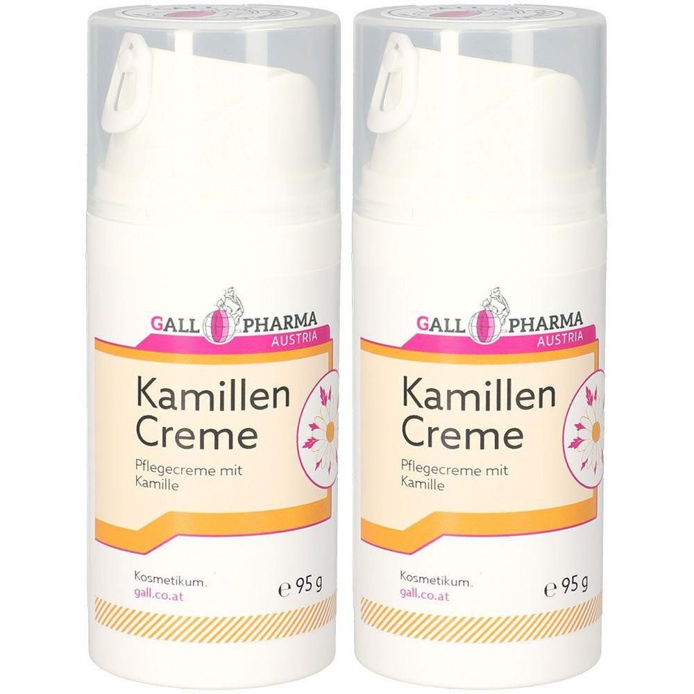 Zwei weiße Cremetuben mit Pumpverschluss. Aufschrift: GALL PHARMA, Kamillen Creme. Rosa und gelbe Akzente.