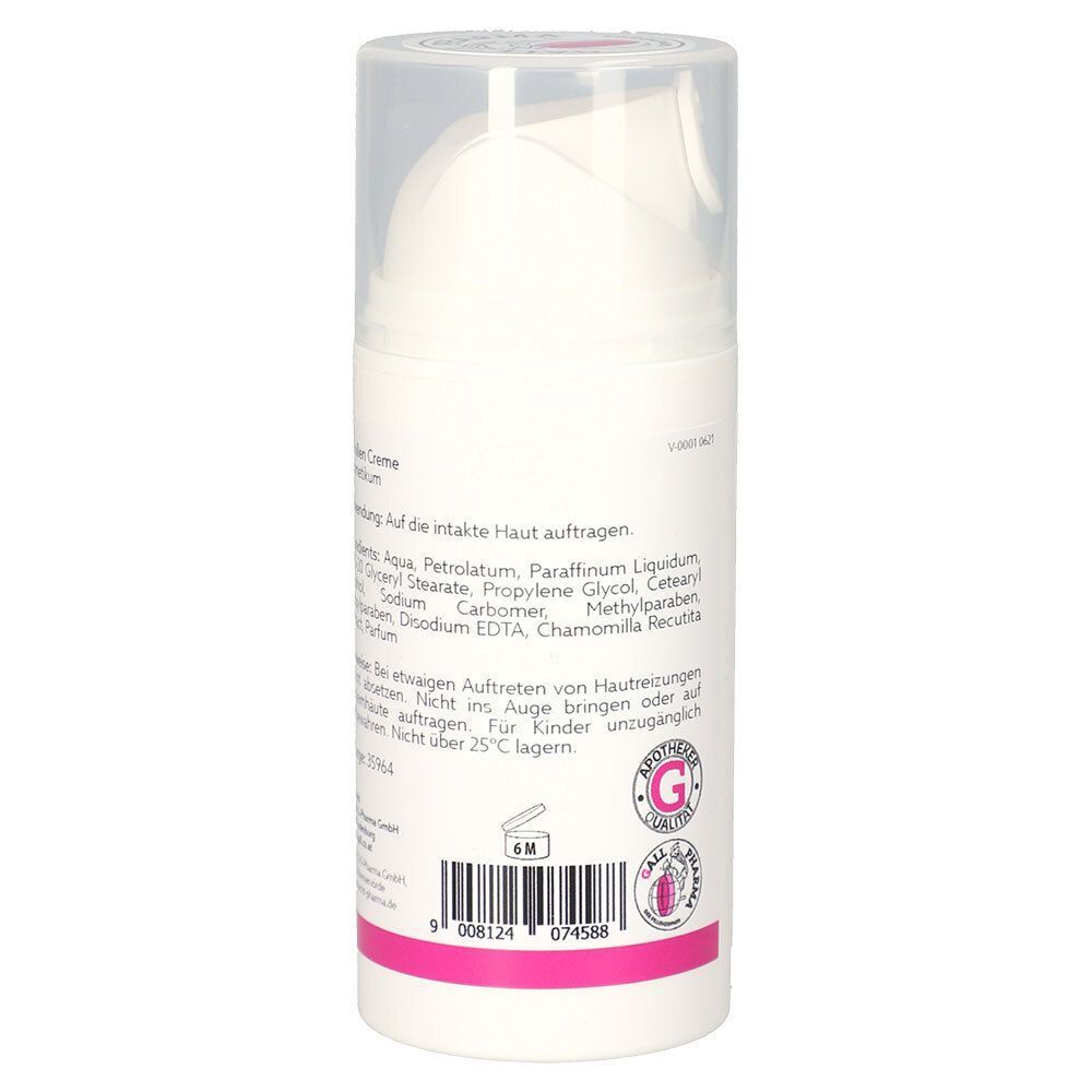 Weiße Cremetube mit Pumpverschluss. Rückseite mit Text und Barcode. Rosa Akzente. GALL PHARMA Logo.