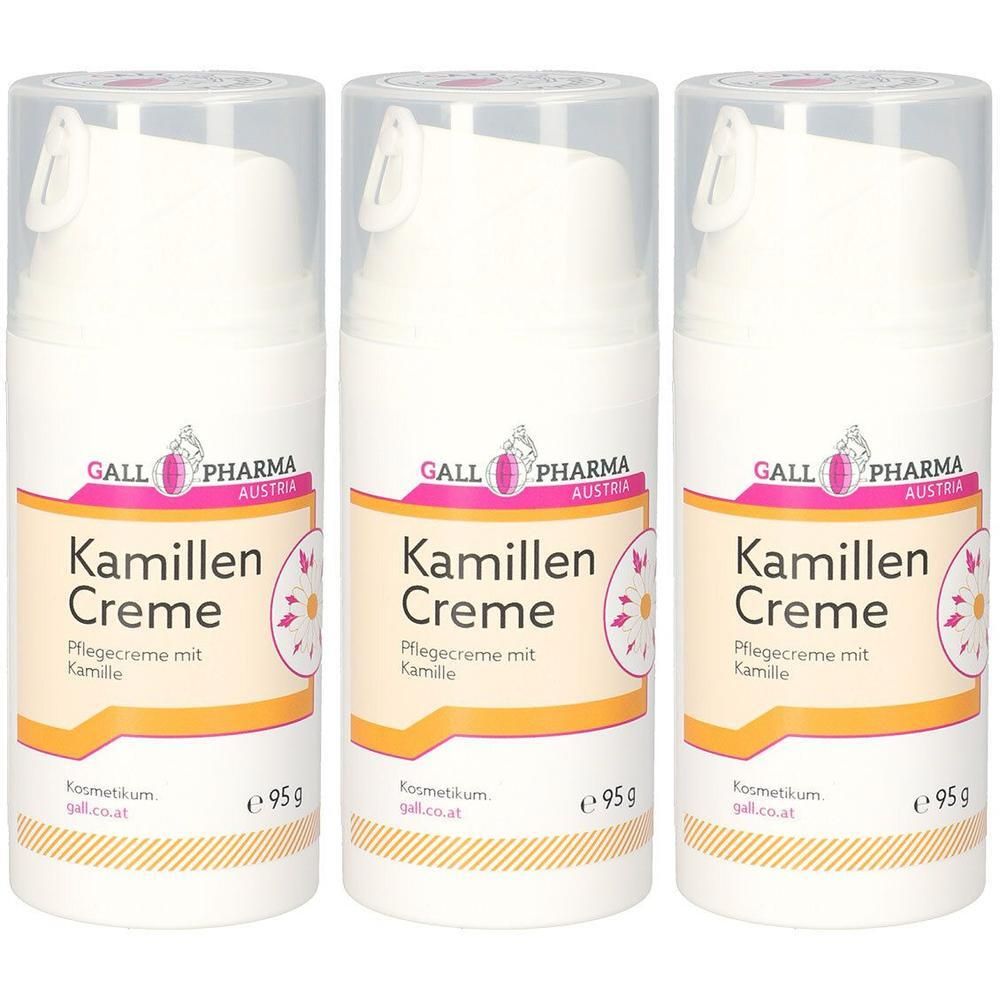Drei weiße Pumpspender mit Kamillen Creme Etikett, jeweils 95g.