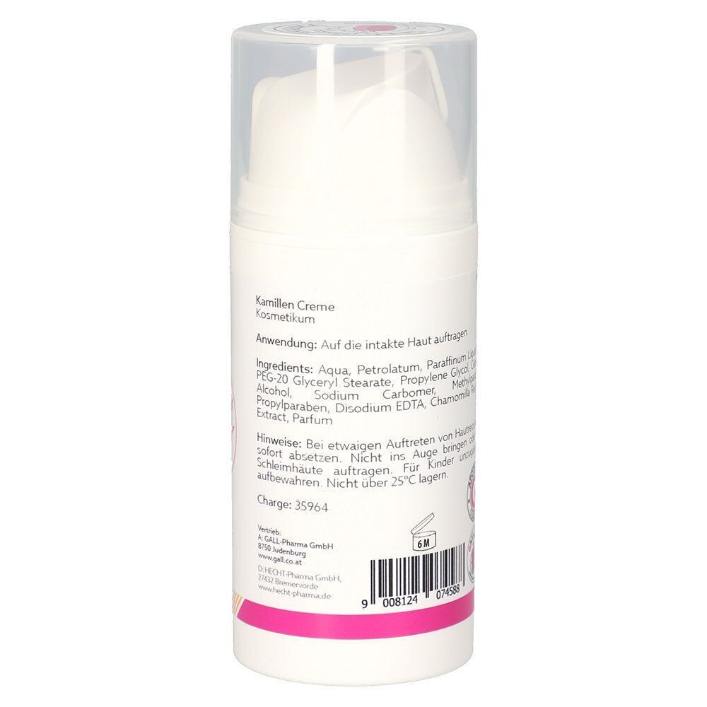 Weiße Pumpspender-Flasche mit Kamillen Creme Etikett und Inhaltsstoffliste.