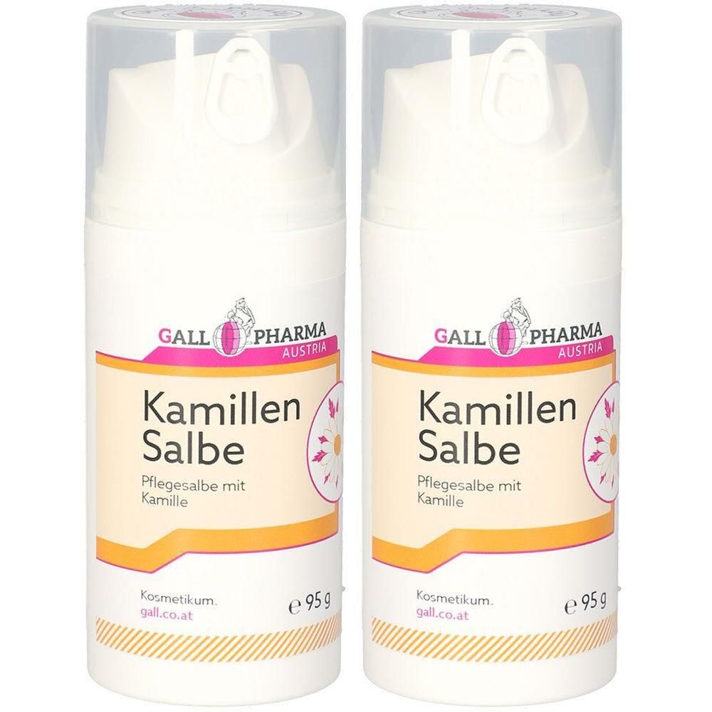 Zwei weiße Pumpspender mit Kamillen Salbe Etikett, 95g.