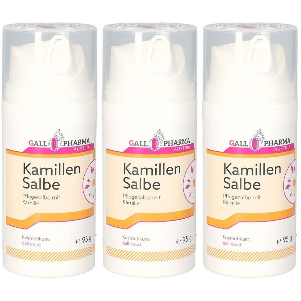 Drei Cremetuben mit transparentem Deckel. Aufschrift: GALL PHARMA Kamillen Salbe. Kosmetikum. 95g.