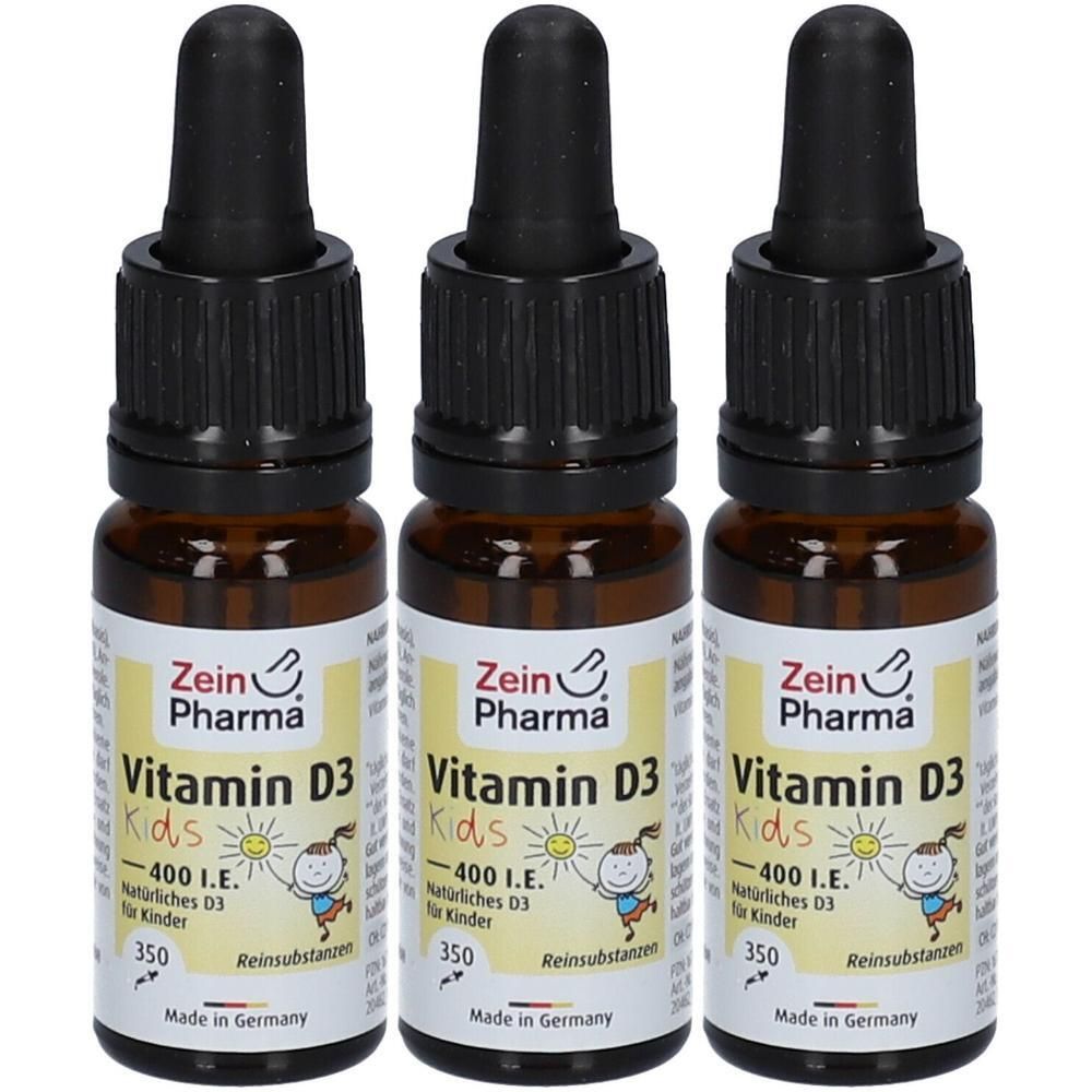 Drei Flaschen mit braunem Glas und schwarzem Verschluss. Auf den Etiketten steht "Vitamin D3 Kids" und "Zein Pharma".