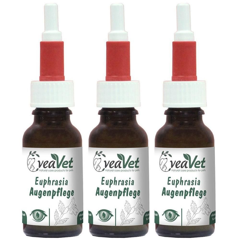 Drei braune Flaschen mit weiß-roten Tropfern. Auf den Etiketten steht "veaVet Euphrasia Augenpflege" und ein Augensymbol.