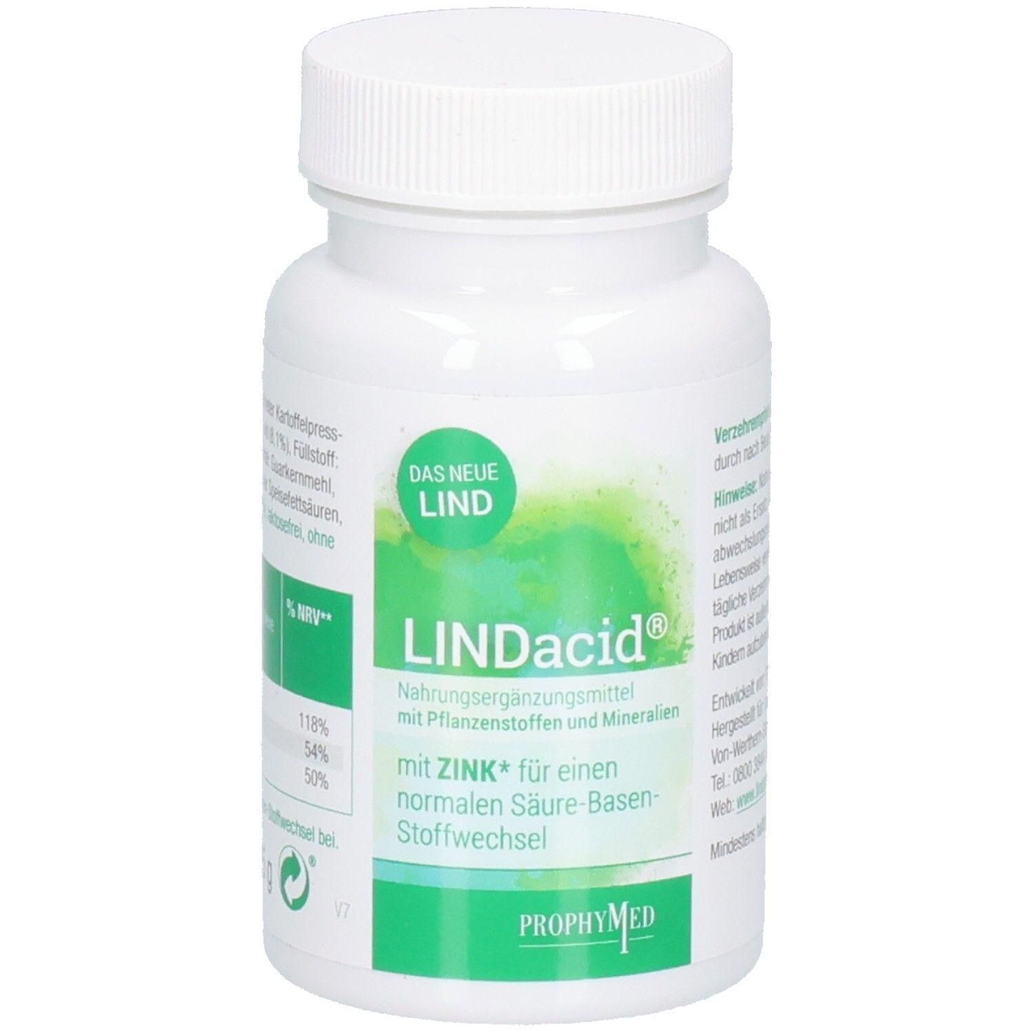 Weiße Flasche mit Schraubverschluss. Aufschrift LINDacid®, Nahrungsergänzungsmittel mit Zink. Grün-weiße Etikettierung.