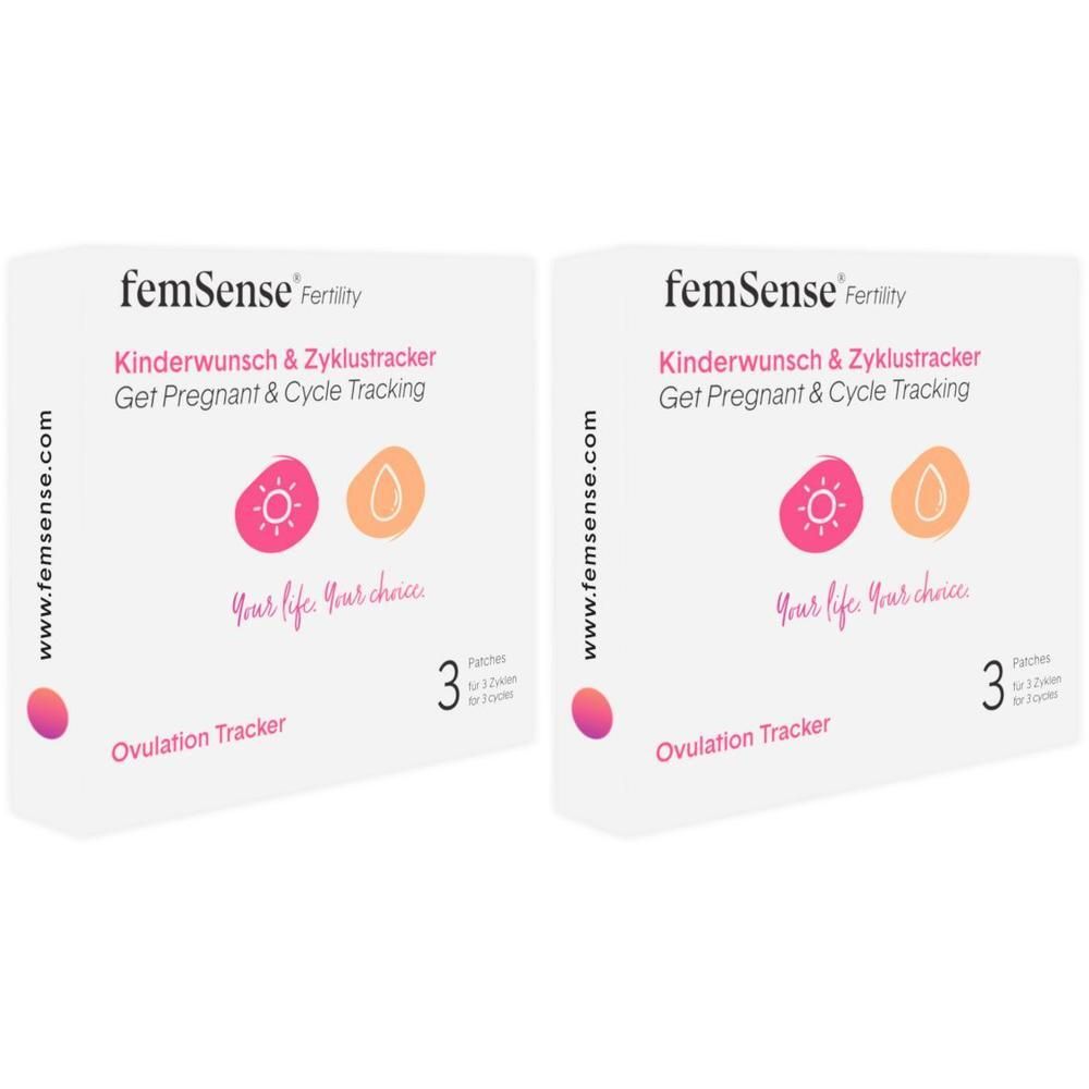 Zwei Packungen femSense Zyklustracker. Weiße Kartons mit Produktnamen, Illustrationen und der Aufschrift "Ovulation Tracker".