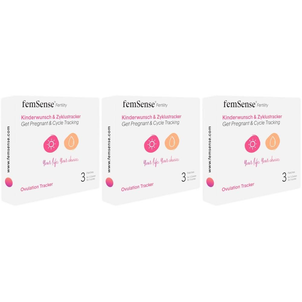 Drei Packungen femSense Zyklustracker. Weiße Verpackung mit Logo, Produktname und Illustrationen. 3 Stück pro Packung.