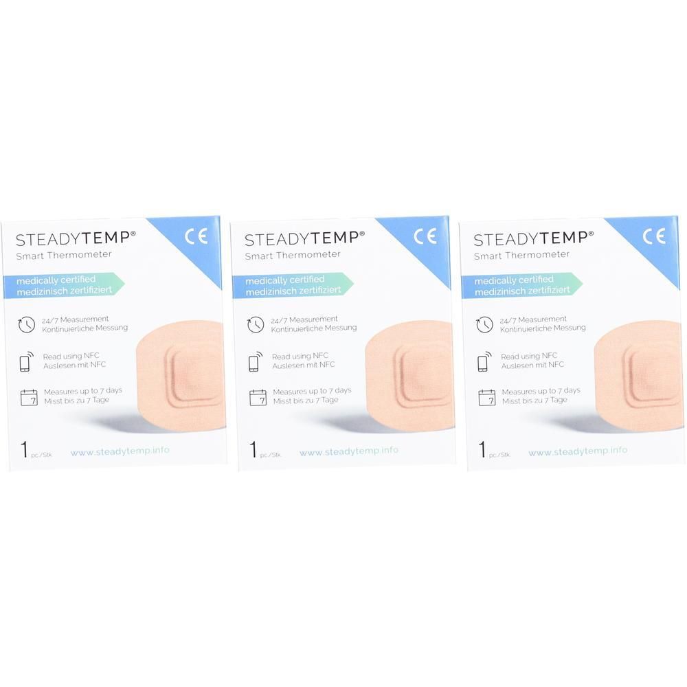 Drei Packungen STEADYTEMP Smart Thermometer. Jede Packung zeigt ein Pflaster und Text. CE-Kennzeichnung. Medizinisch zertifiziert.