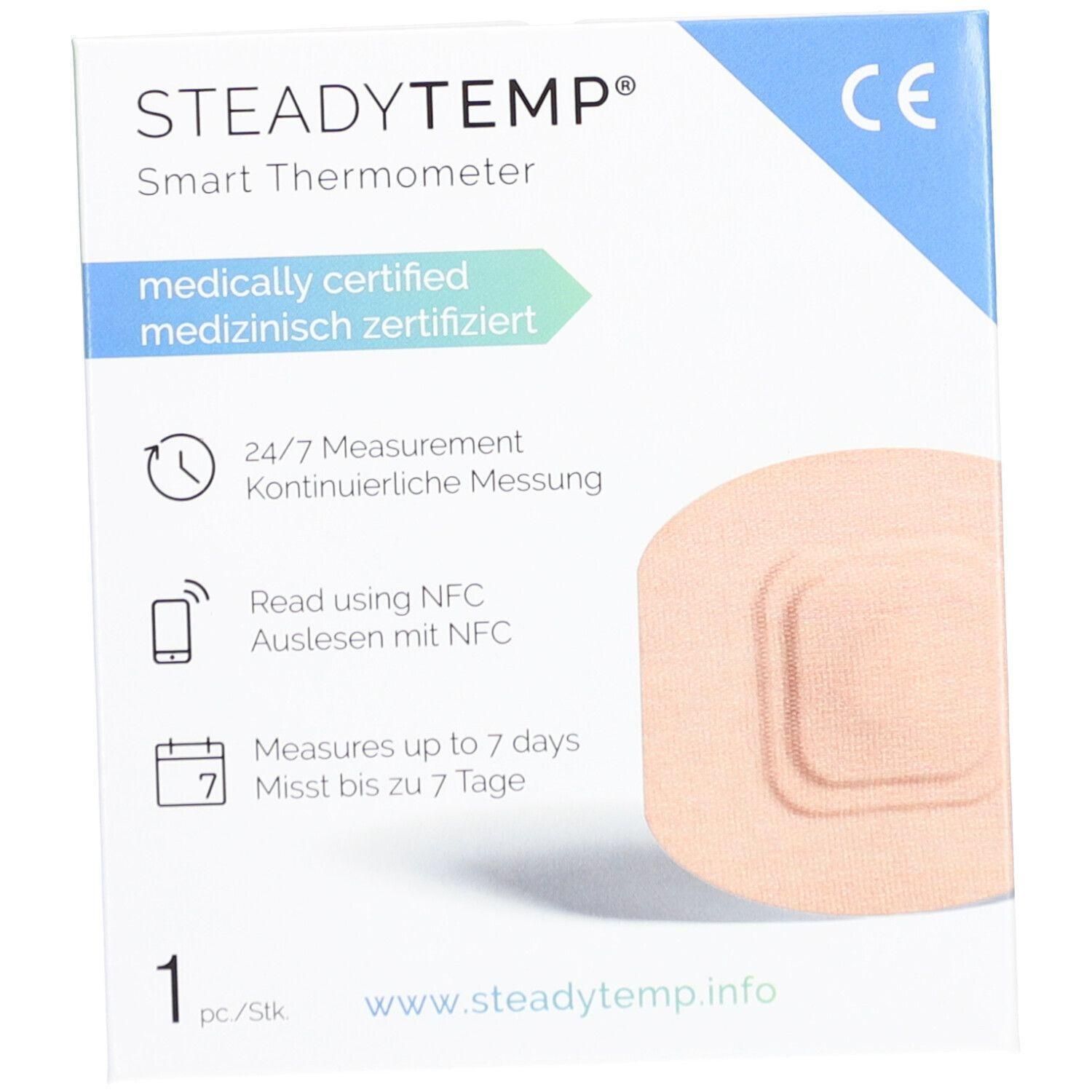 Verpackung mit STEADYTEMP Smart Thermometer. Medizinisch zertifiziert. Misst bis zu 7 Tage. NFC-Auslesung. CE-Kennzeichnung. Enthält 1 Stück.