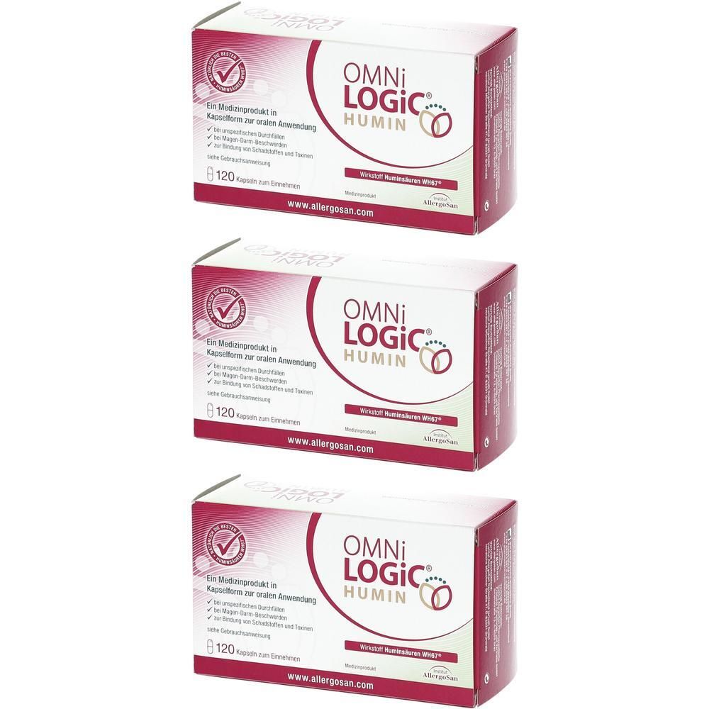 Drei Packungen OMNI LOGIC® HUMIN mit je 120 Kapseln. Rote und weiße Verpackung mit Produktinformationen.
