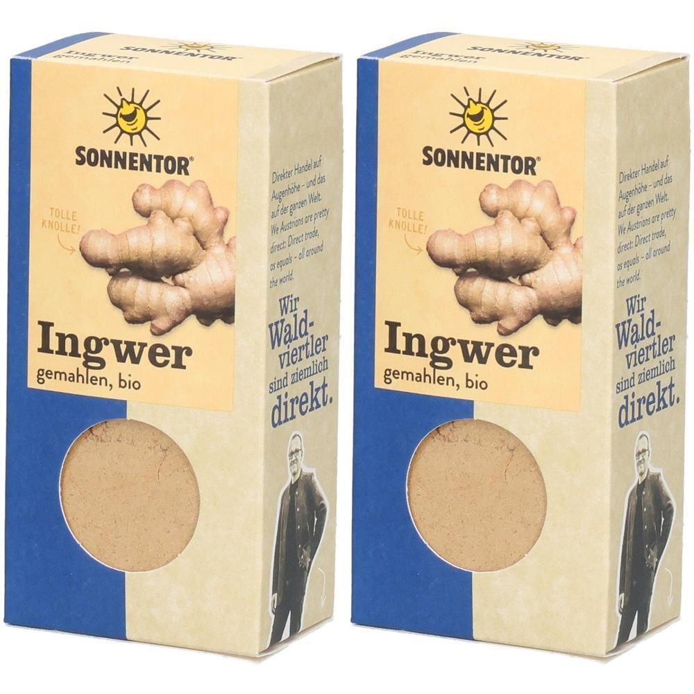 Zwei rechteckige Kartons mit Ingwer-Pulver. Aufdruck: SONNENTOR, Ingwer gemahlen, bio. Abbildung von Ingwerwurzeln.
