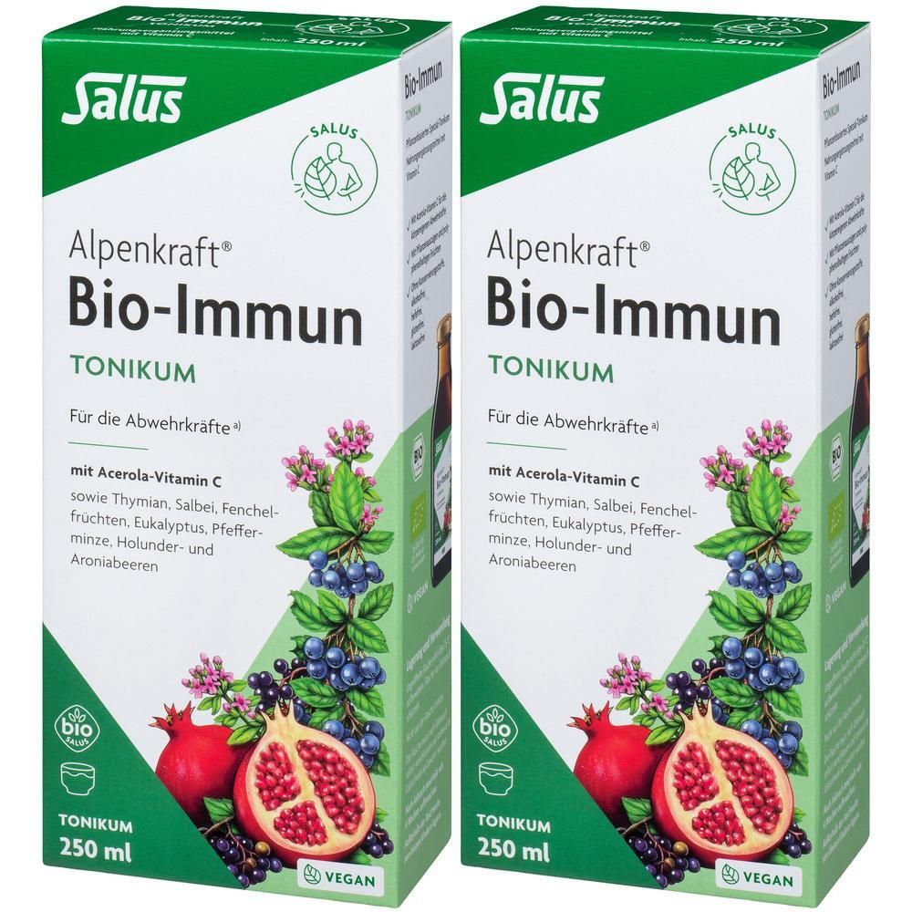 Zwei Kartons mit Salus Alpenkraft Bio-Immun Tonikum. Aufschrift: Bio-Immun Tonikum, 250 ml, vegan. Abbildung von Früchten und Blättern.