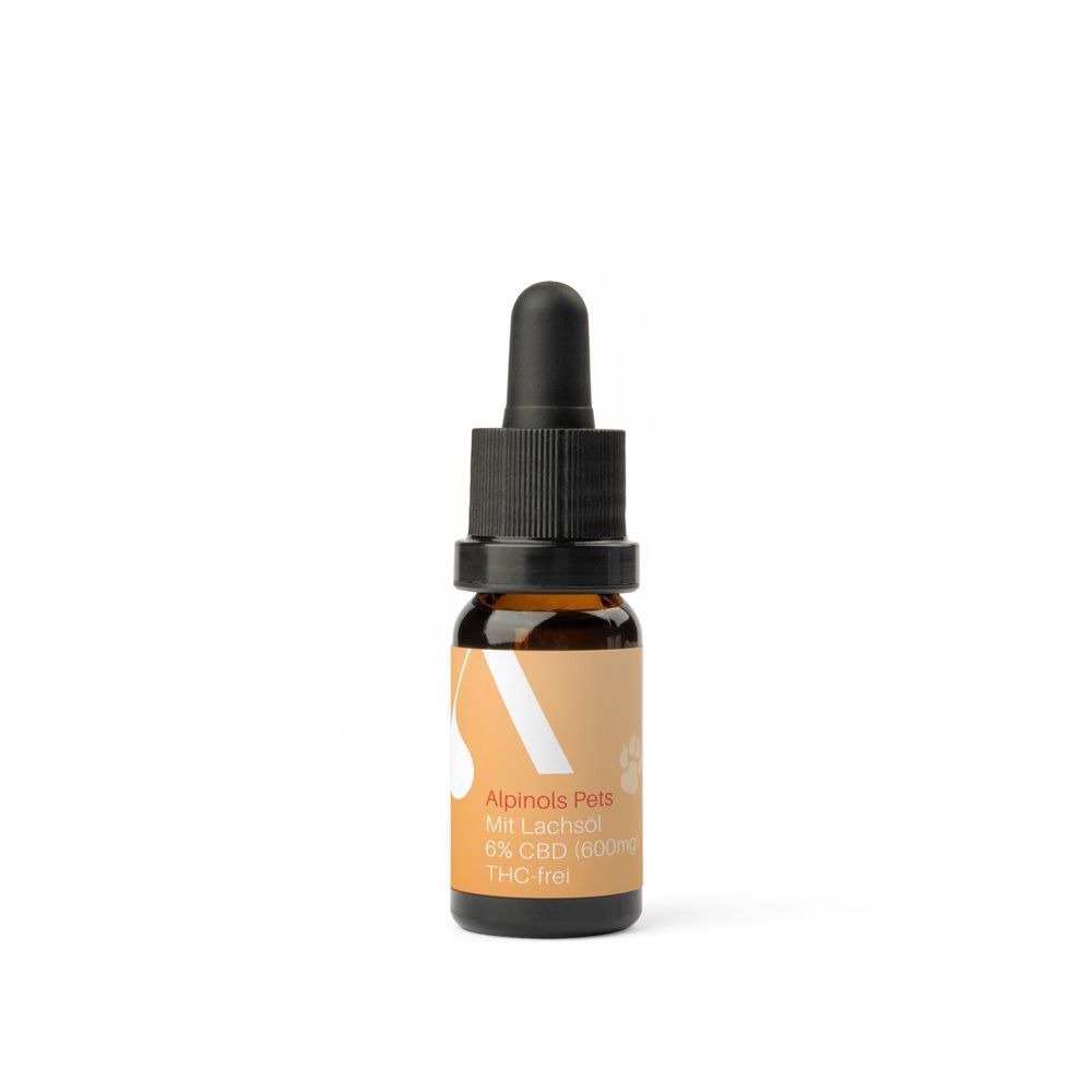 Braune Glasflasche mit Tropfer. Auf dem Etikett steht 'Alpinols Pets' und '0% CBD'.