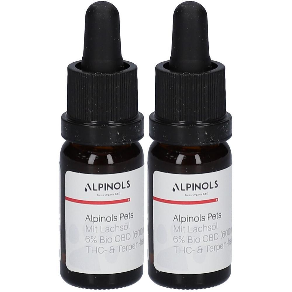 Zwei Flaschen ALPINOLS Pets CBD-Öl mit schwarzem Deckel und Pipette. Aufschrift: 6% Bio CBD, THC- & Terpen.