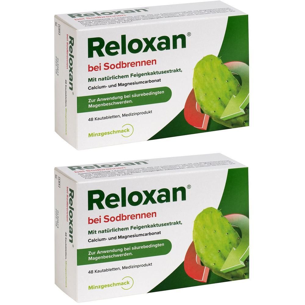Zwei rechteckige Kartons. Aufdruck: "Reloxan bei Sodbrennen", grüne Schrift. Abbildung einer Kaktusfeige. Text: 48 Kautabletten, Minzgeschmack.