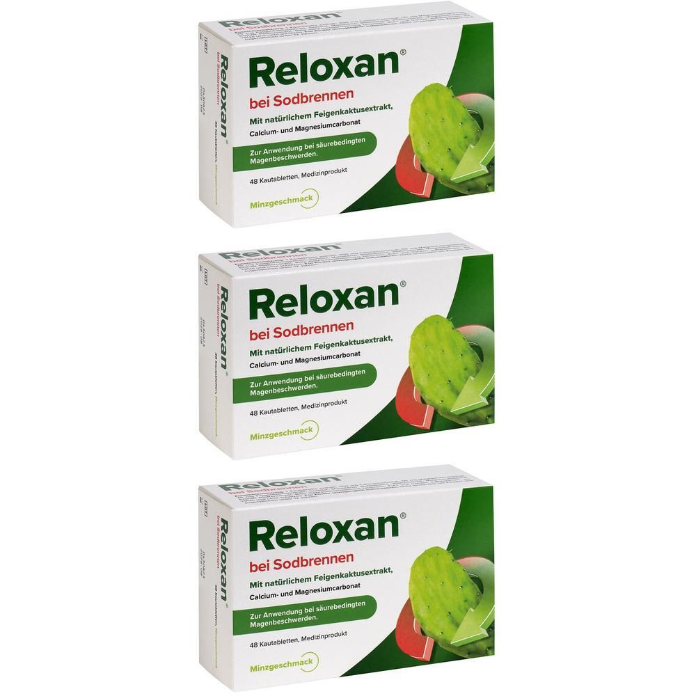 Drei Packungen RELOXAN, weiß mit grünen und roten Elementen. Text: RELOXAN bei Sodbrennen. 48 Kautabletten, Minzgeschmack.