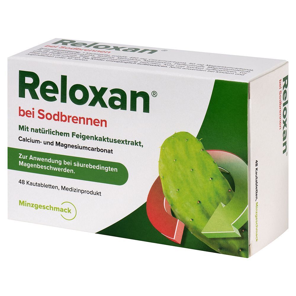 Weiße RELOXAN-Packung mit grünem Kaktus-Design. Text: RELOXAN bei Sodbrennen. 48 Kautabletten, Minzgeschmack. Medizinprodukt.