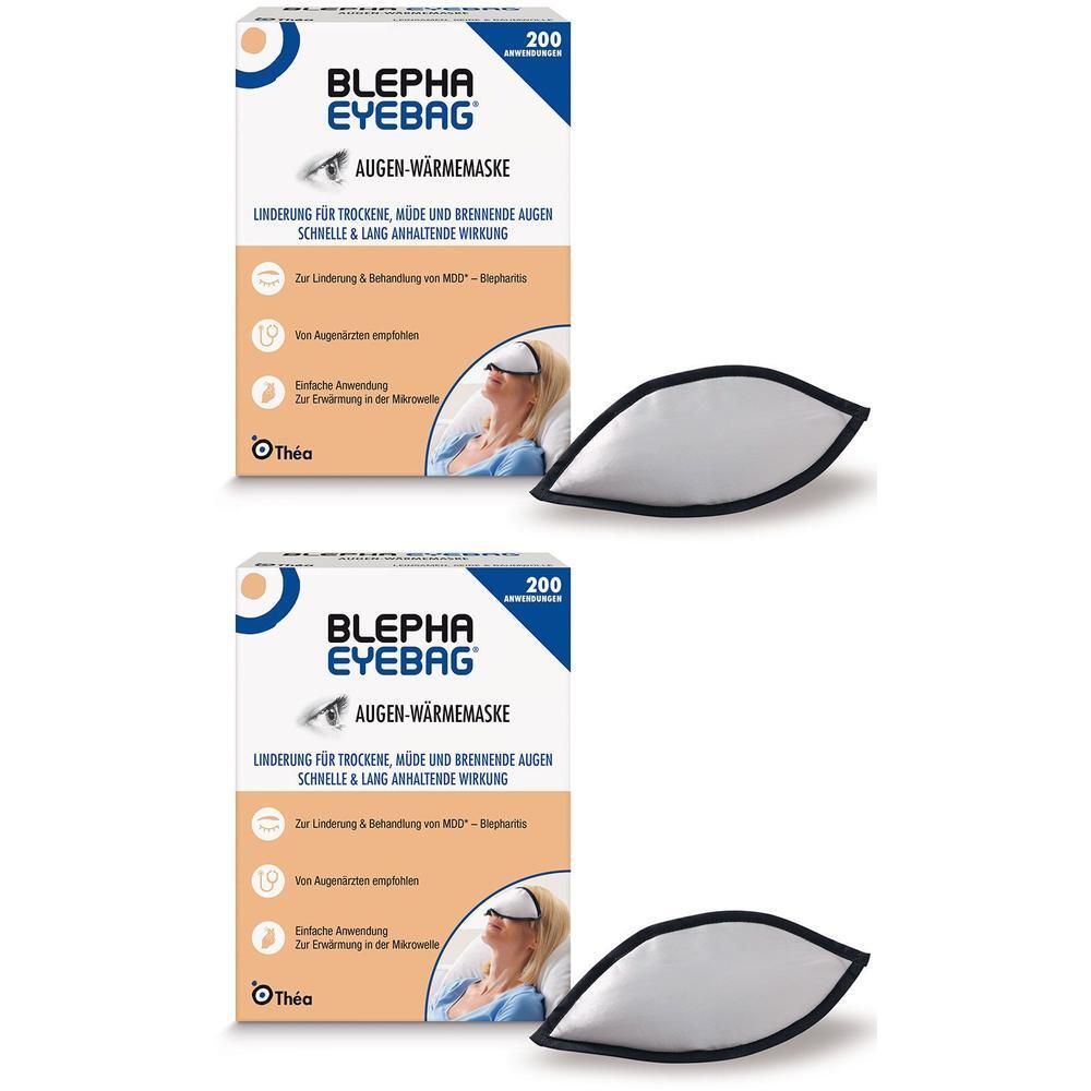 Zwei Augen-Wärmemasken neben Produktverpackungen. Verpackung mit Produktname und Beschreibung. Masken weiß mit schwarzem Rand.