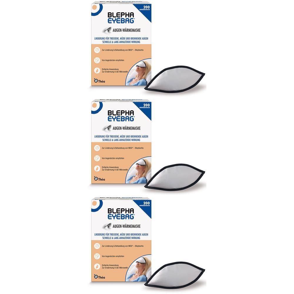Drei Packungen und Augen-Wärmemasken. Auf den Packungen steht "BLEPHA EYEBAG". Die Masken sind blattförmig und haben einen schwarzen Rand.