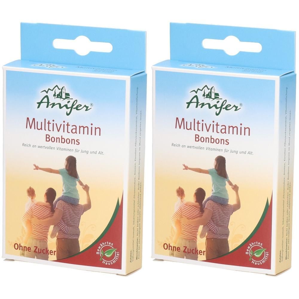 Zwei Schachteln Anifer Multivitamin Bonbons. Aufdruck: Ohne Zucker. Abbildung einer Familie. Grün-weißes Qualitätssiegel.