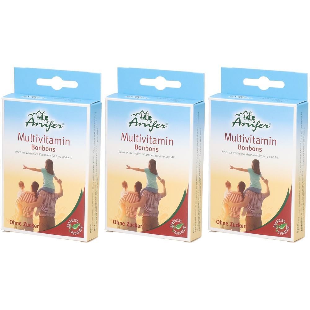Drei Schachteln Anifer Multivitamin Bonbons. Blaue Verpackung mit Produktnamen und Abbildung einer Familie. Ohne Zucker.