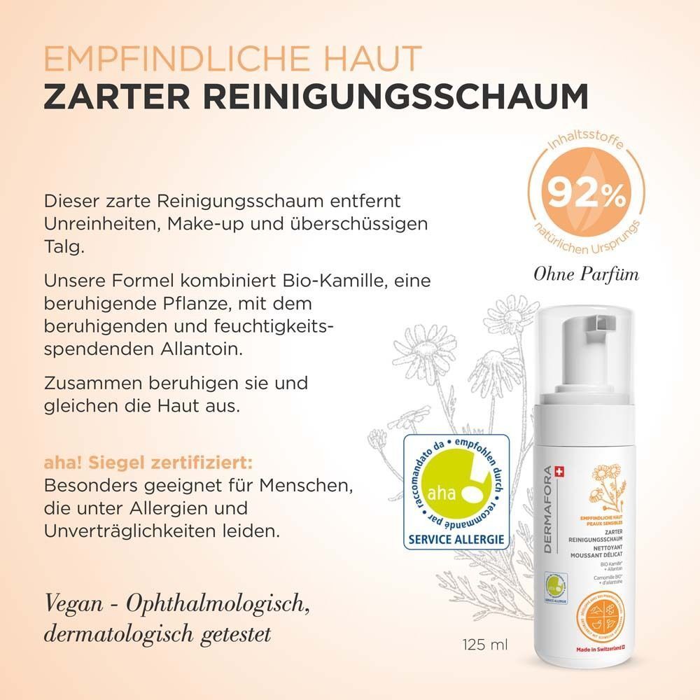 Produktflasche mit Text. Aufschrift: Zarter Reinigungsschaum. 92% natürliche Inhaltsstoffe. Ohne Parfum. aha! Siegel. Vegan und dermatologisch getestet.