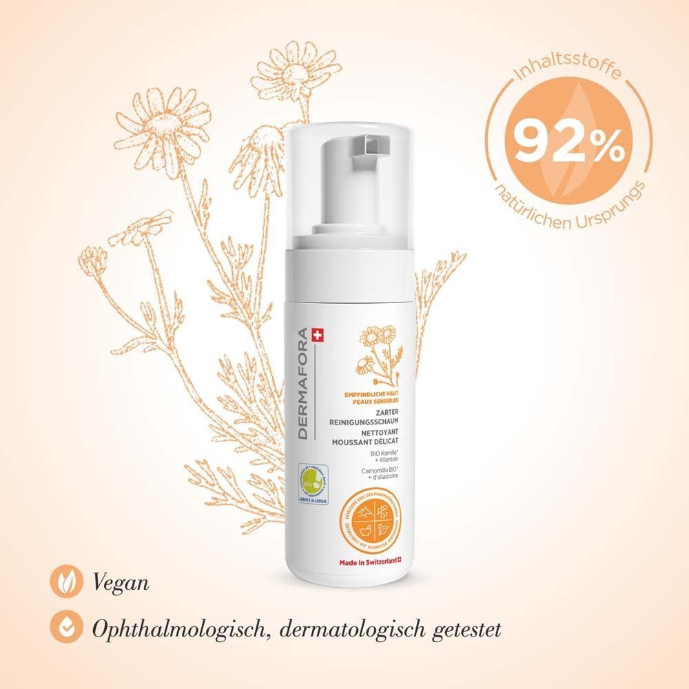 Weiße Flasche mit Pumpaufsatz. Aufschrift: DERMAFORA, Zarter Reinigungsschaum. 92% natürlichen Ursprungs. Vegan und dermatologisch getestet.