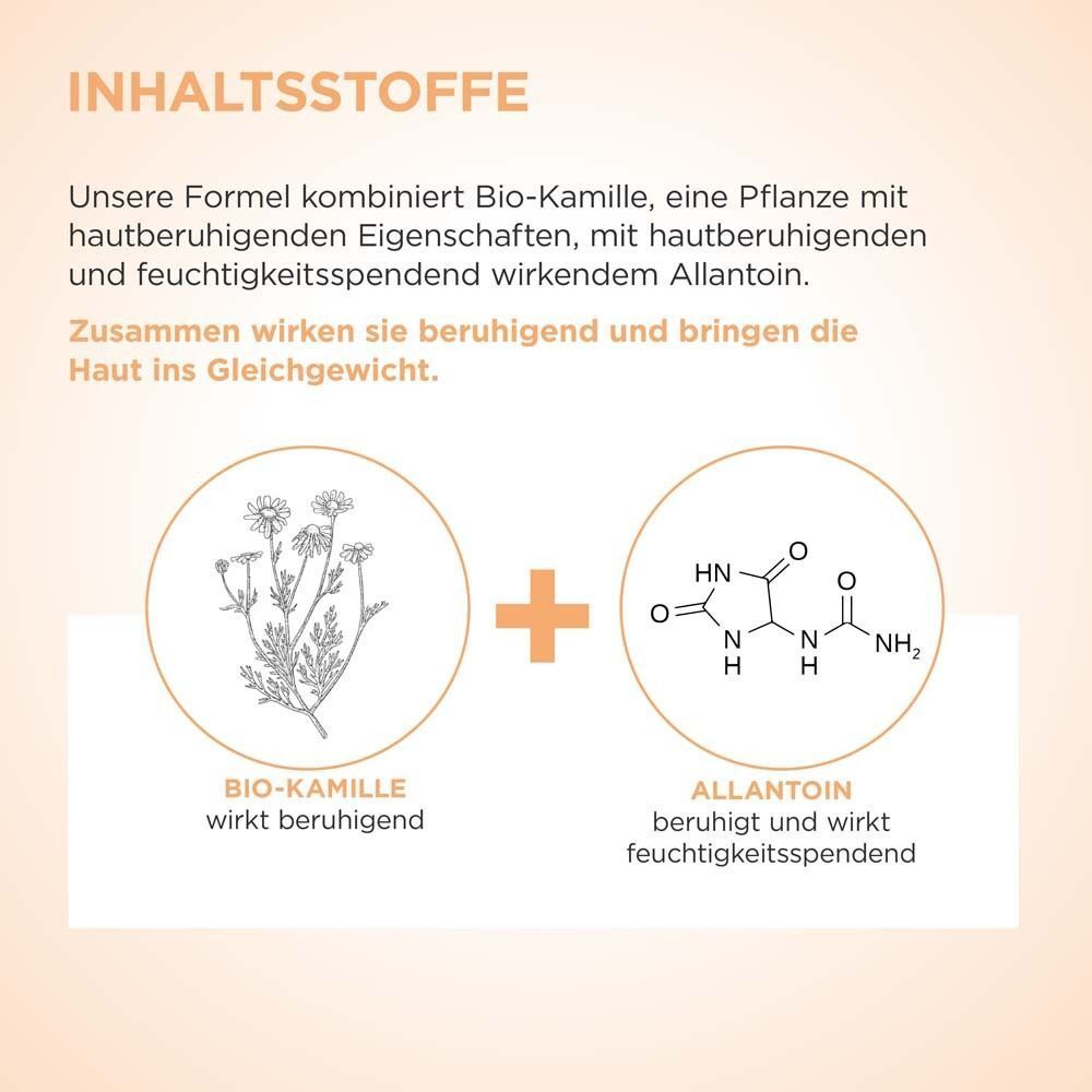 Grafik mit Inhaltsstoffen: Bio-Kamille und Allantoin. Bio-Kamille wirkt beruhigend. Allantoin beruhigt und spendet Feuchtigkeit.
