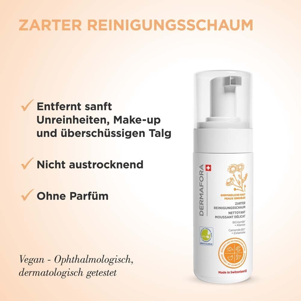 Produktflasche mit Text: Zarter Reinigungsschaum. Entfernt sanft Unreinheiten. Nicht austrocknend. Ohne Parfum. Vegan und dermatologisch getestet.