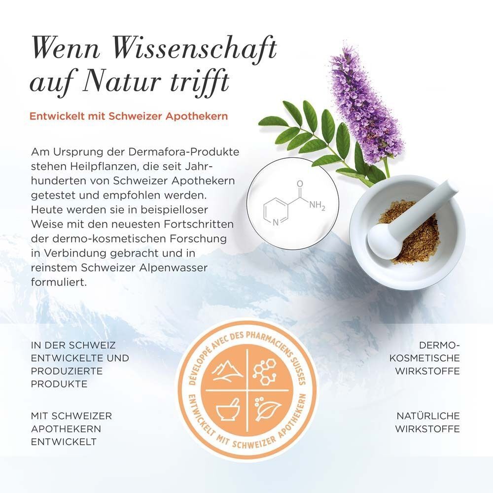 Werbung mit Kräutern, Mörser und Flasche. Text: Entwickelt mit Schweizer Apothekern. Dermo-kosmetische Wirkstoffe. Natürliche Wirkstoffe.