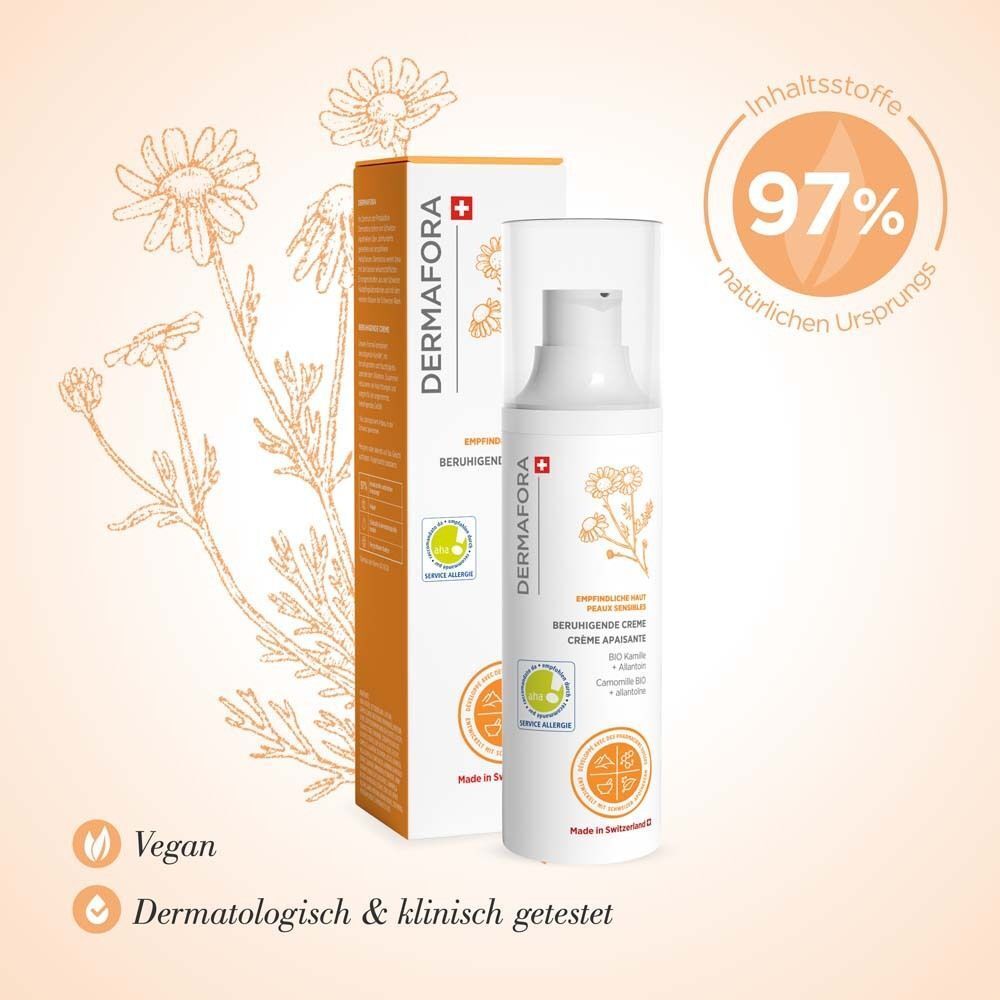 DERMAFORA Beruhigende Creme mit Verpackung. Weiße Flasche und Karton. Vegan und dermatologisch getestet.