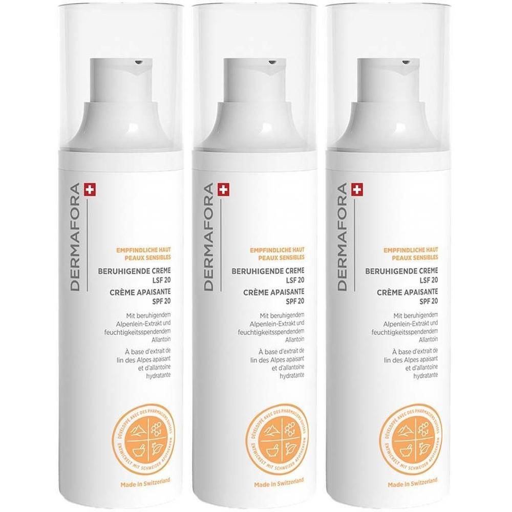 Drei weiße Flaschen mit Sprühkopf. Aufschrift: DERMAFORA, Beruhigende Creme, LSF 20. Schweizer Kreuz.